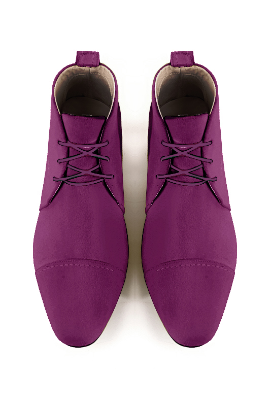 Mulberry purple women's ankle boots with laces at the front. Round toe. Low flare heels. Top view - Florence KOOIJMAN